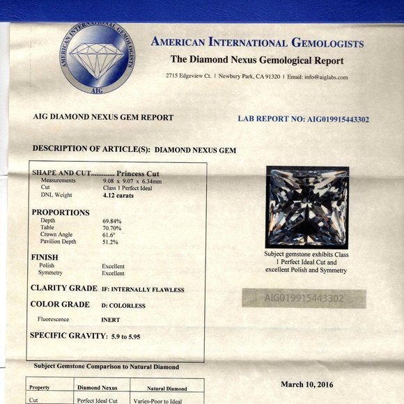 AIG CERTIFIED Lab Grown 4ct Princess Cut Diamond - Picture 10 of 11